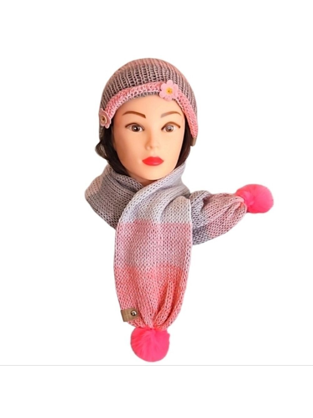 Hand Crafted Crochet 100% wool Scarf & Beanie Handmade 2pc Set winter hat Pink